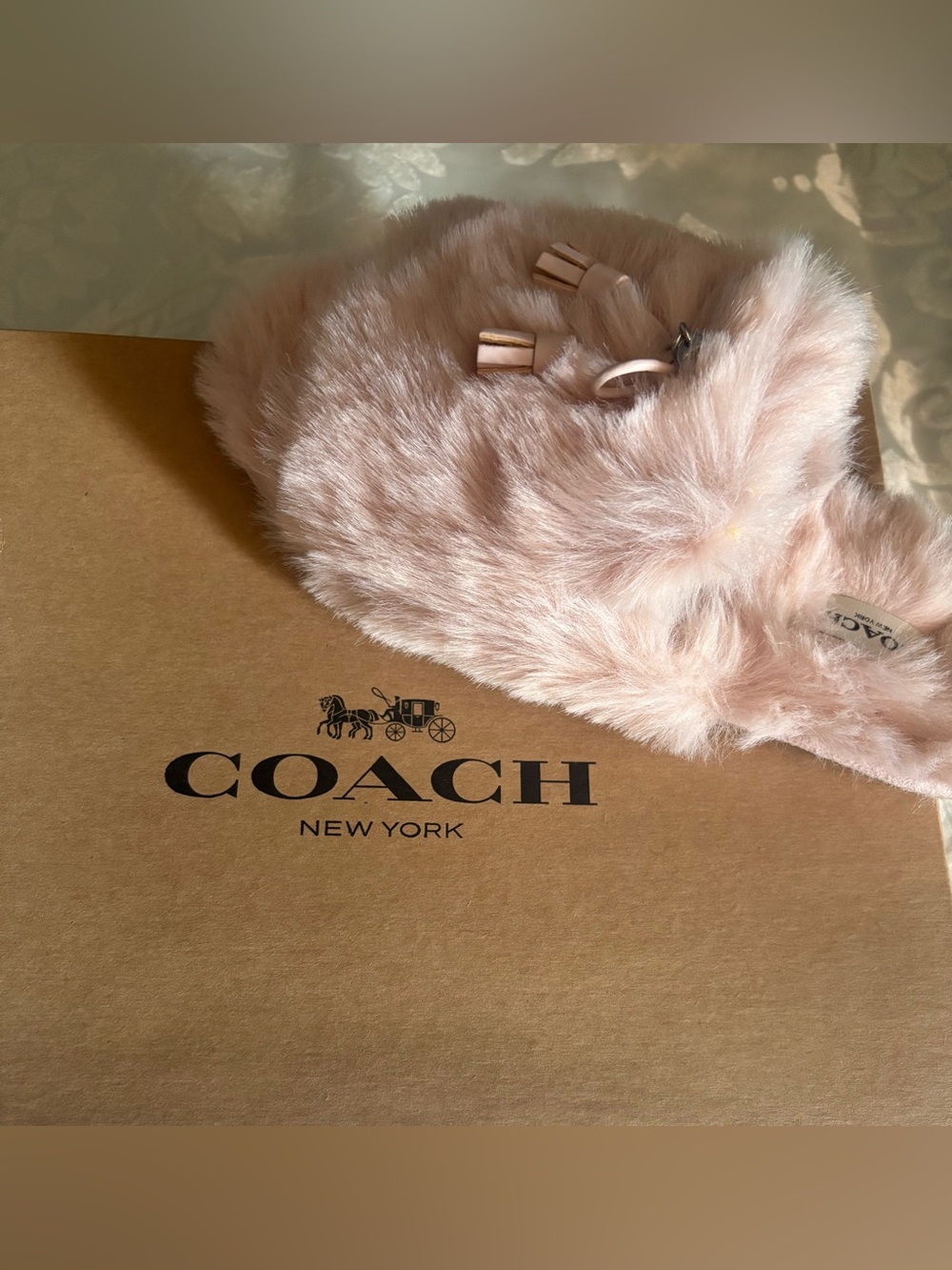 COACH Pink Faux Fur Slippers w/Leather Tassel Size 8
